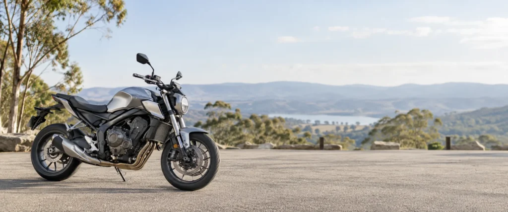 Motorcycle on the left in an Australian landscape