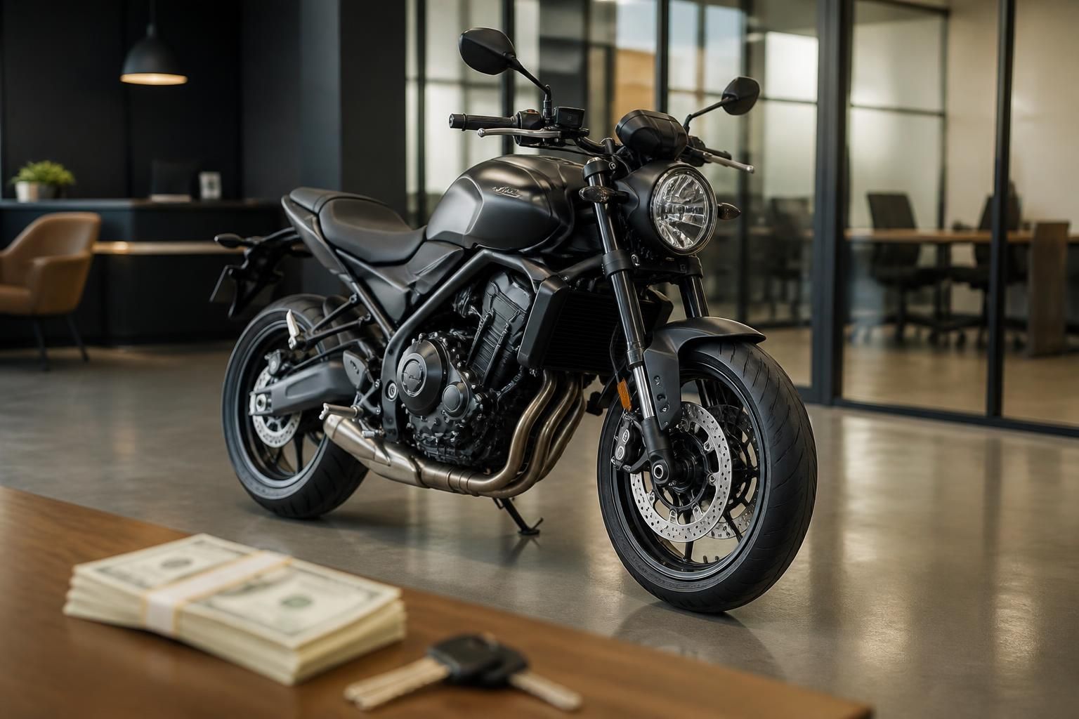 Motorcycle in a clean professional setting for cash sale.