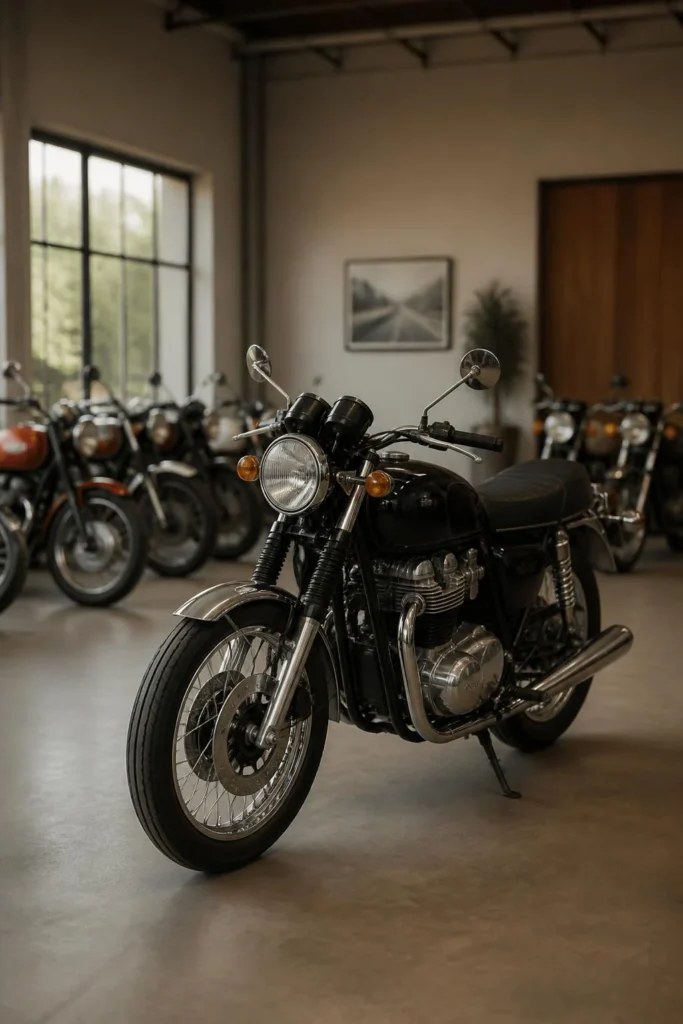 Neat motorcycle collection area with a parked bike and soft light.