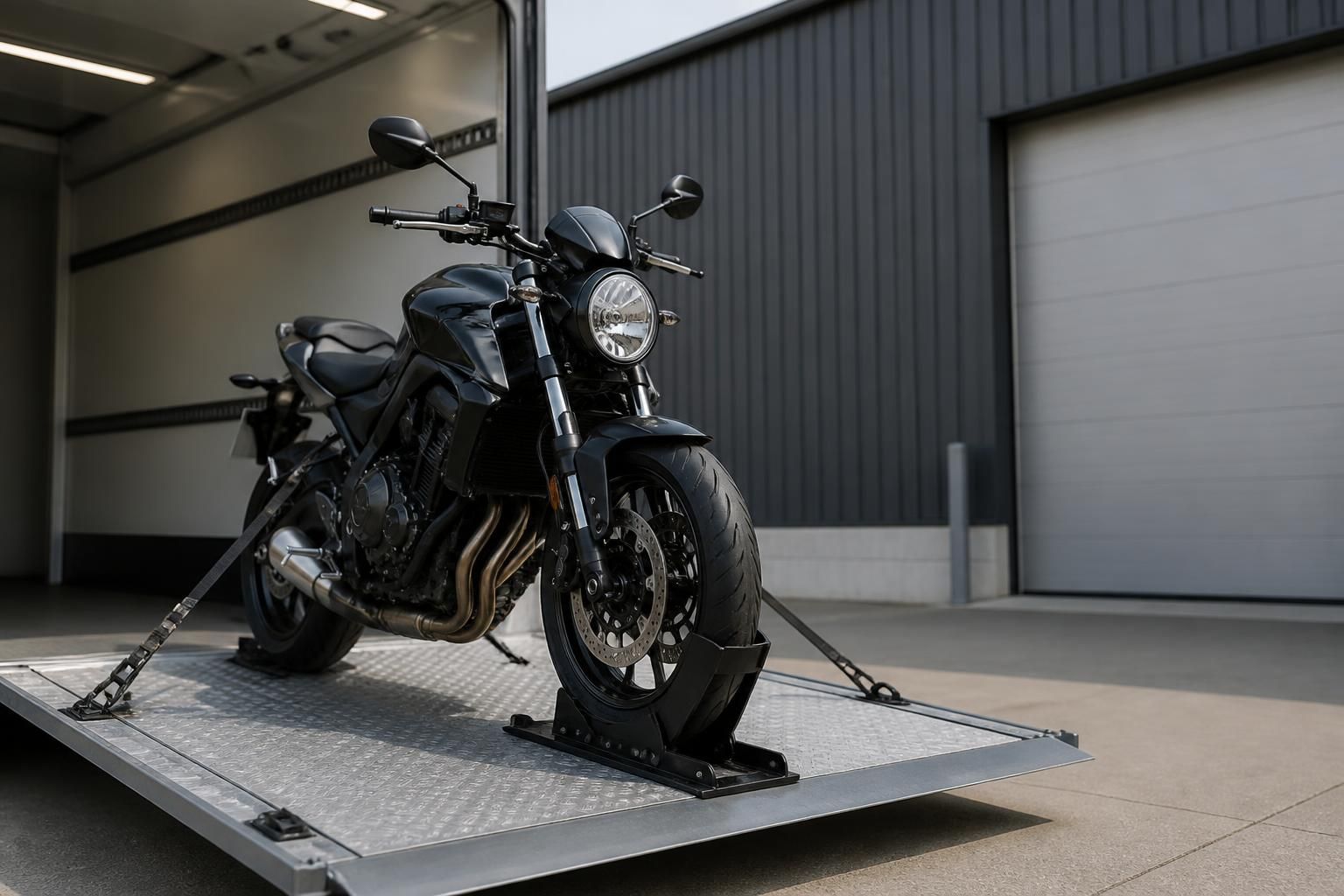 Motorcycle prepared for collection beside a clean transport vehicle.