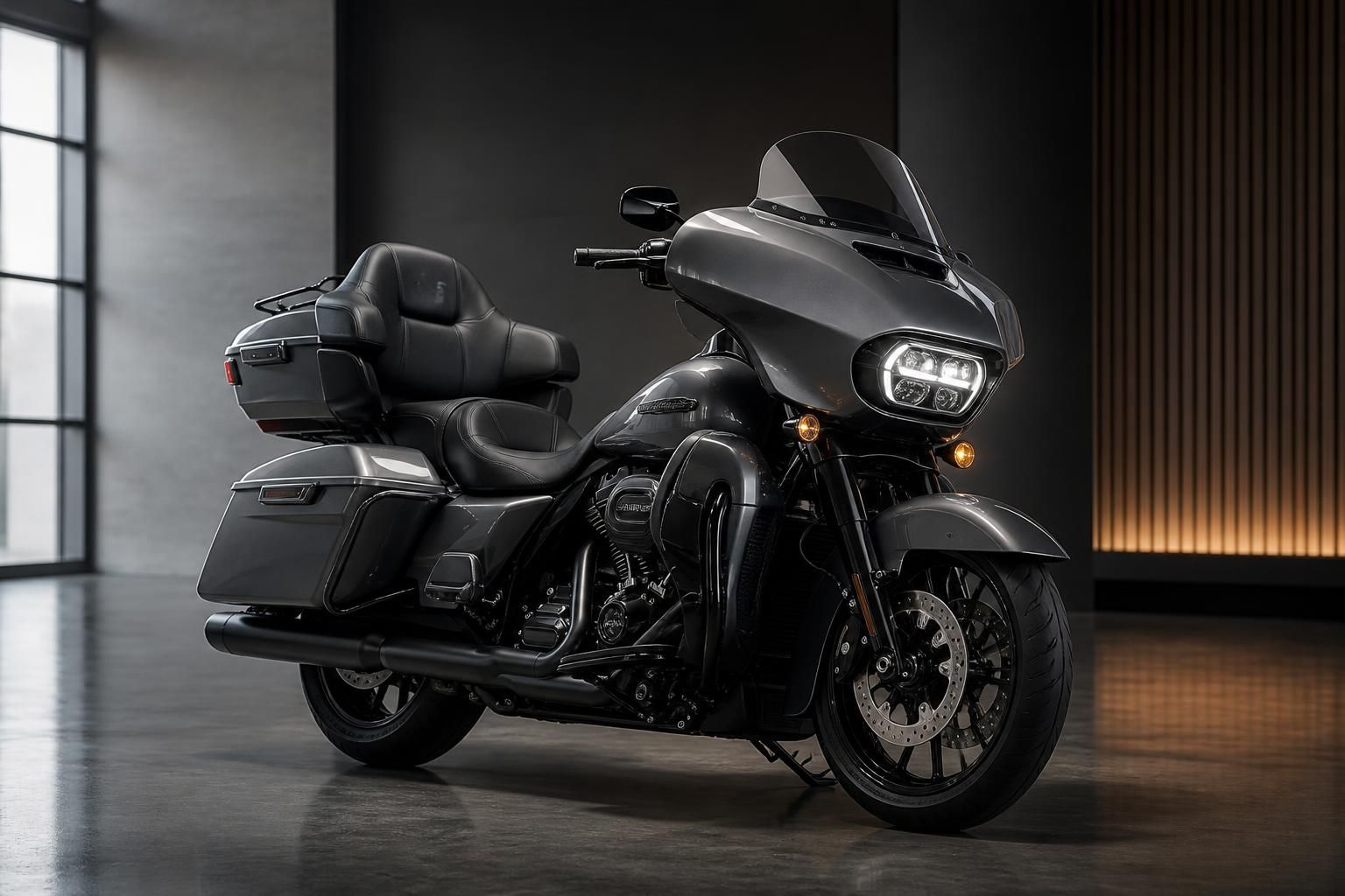 Premium touring motorcycle in a clean professional setting.